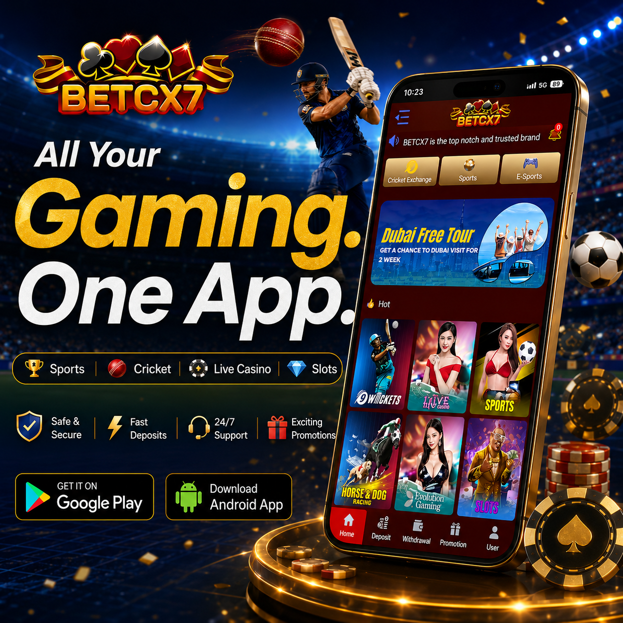 BetCX7 mobile app with cricket, sports, casino and slots interface