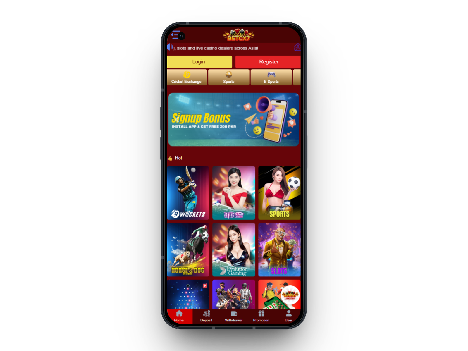 BetCX7 mobile app interface on smartphone